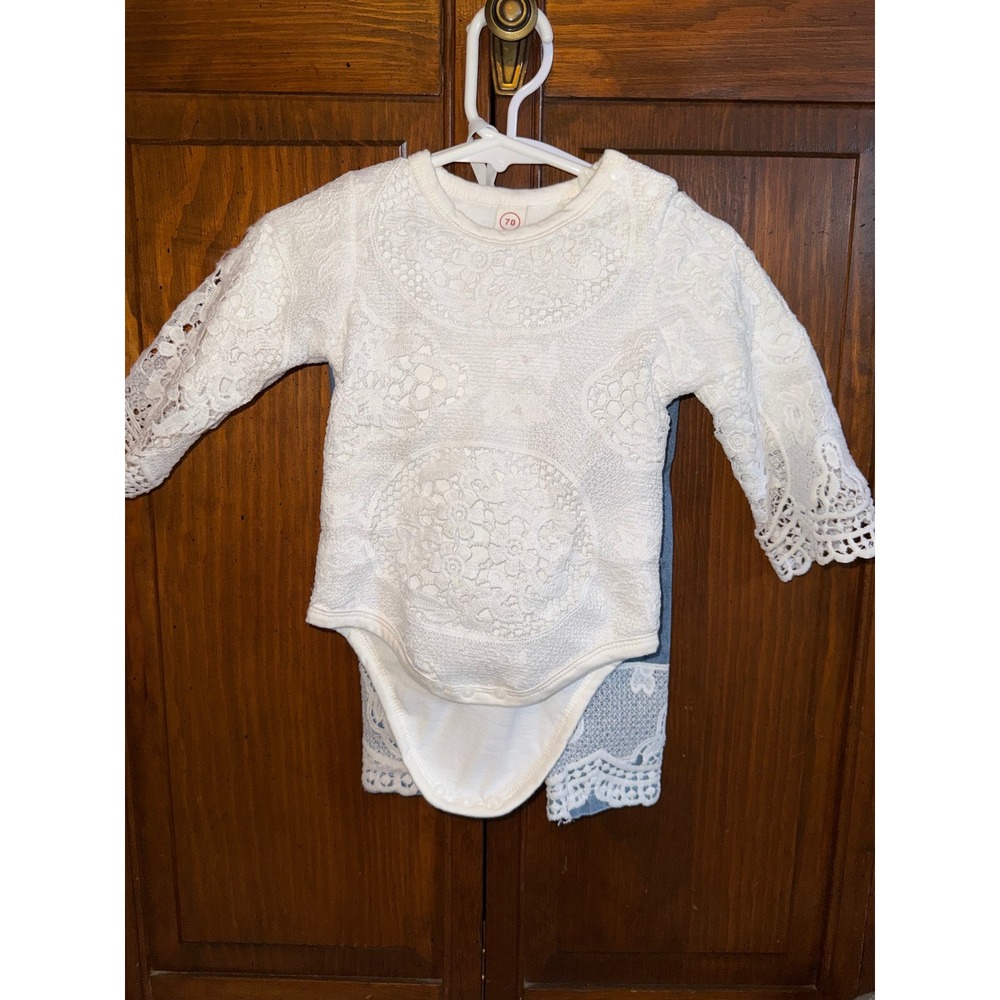 Baby Girl Lace Bodysuit Distressed Denim Jeans Bow Headband 3PC Set White Blue